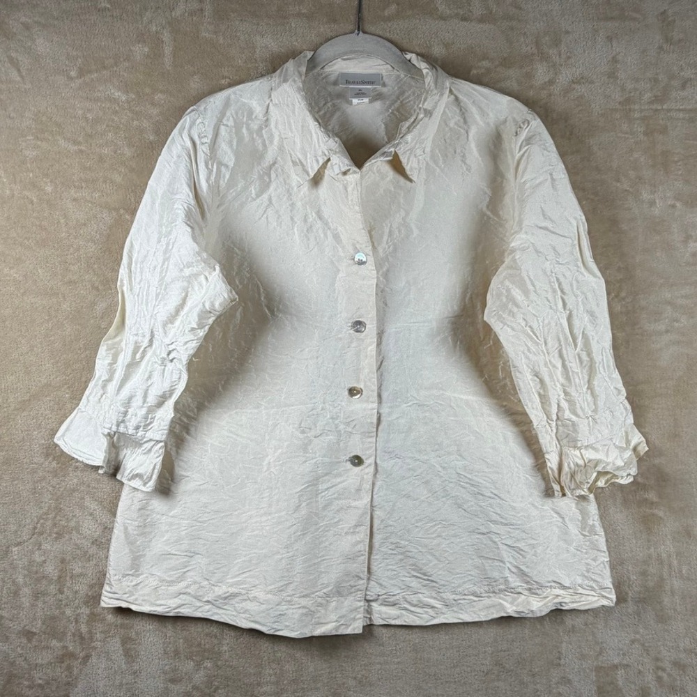 TravelSmith Womens 100% Silk Jacket Blouse Shirt Size XL Ivory NO BELT Classic